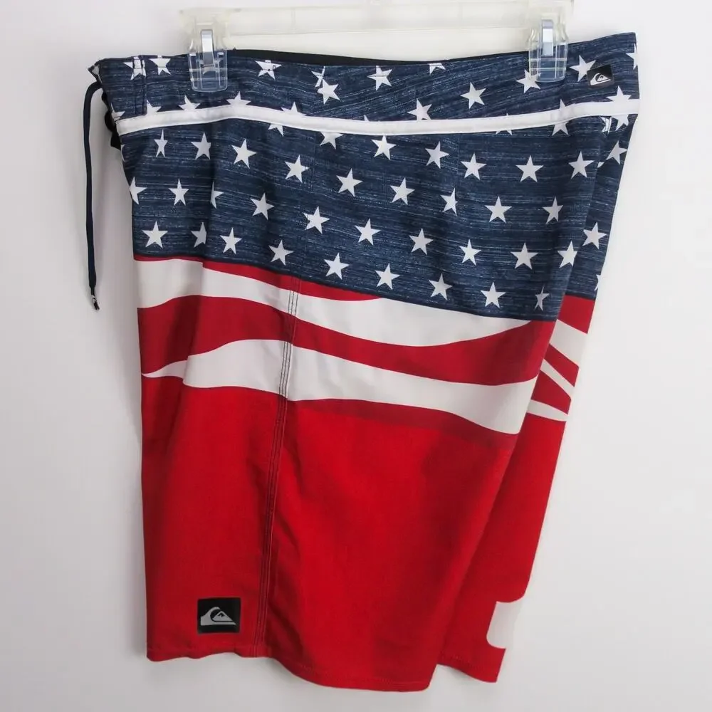 Quiksilver Board Shorts Mens 32 American Flag Swim Trunks Red White Blue